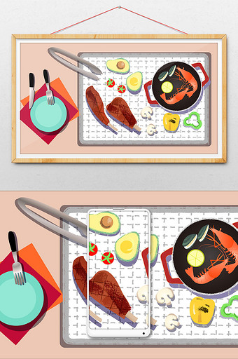 红色丰富烧烤牛排烤肉牛油果虾食物矢量插画图片