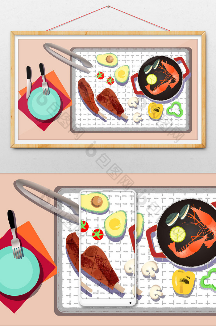 红色丰富烧烤牛排烤肉牛油果虾食物矢量插画