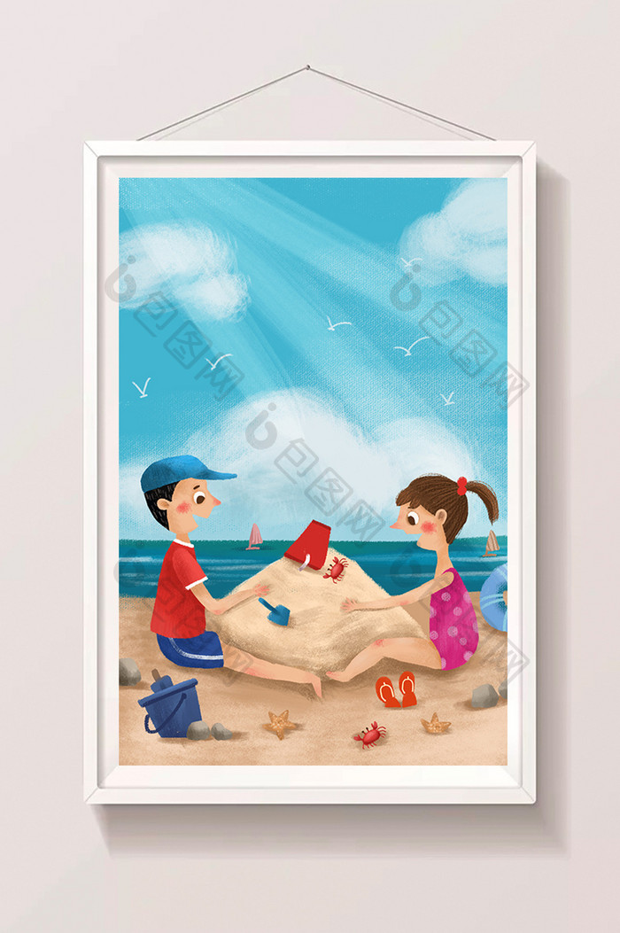 夏天在沙滩上玩沙子的孩子们