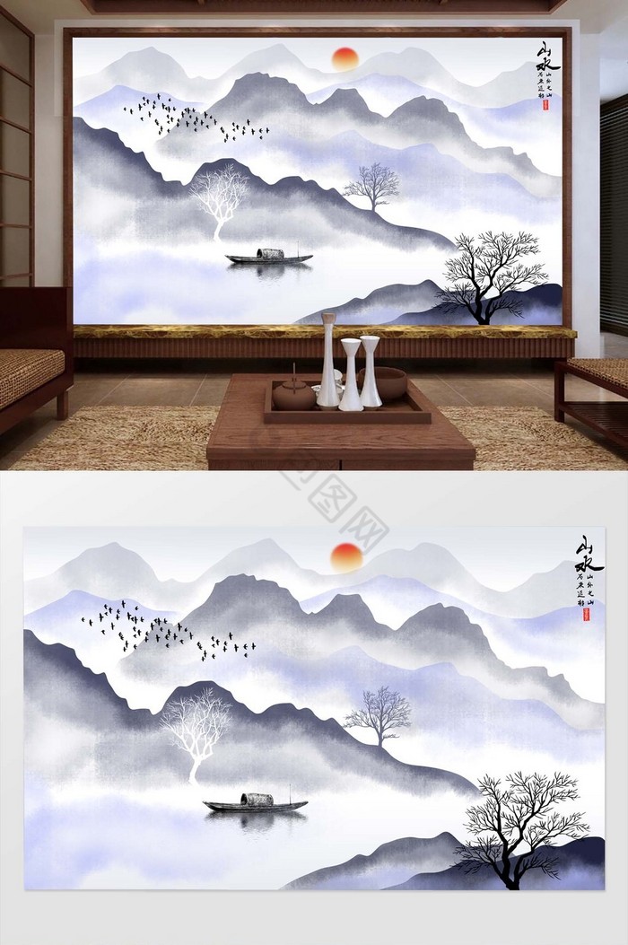 中式手绘写意禅意水墨背景墙图片