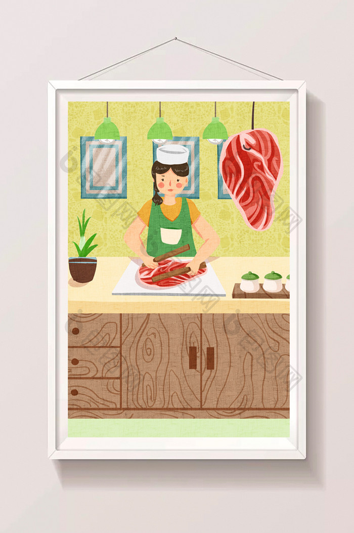 清新可爱厨师捶打牛肉美食插画