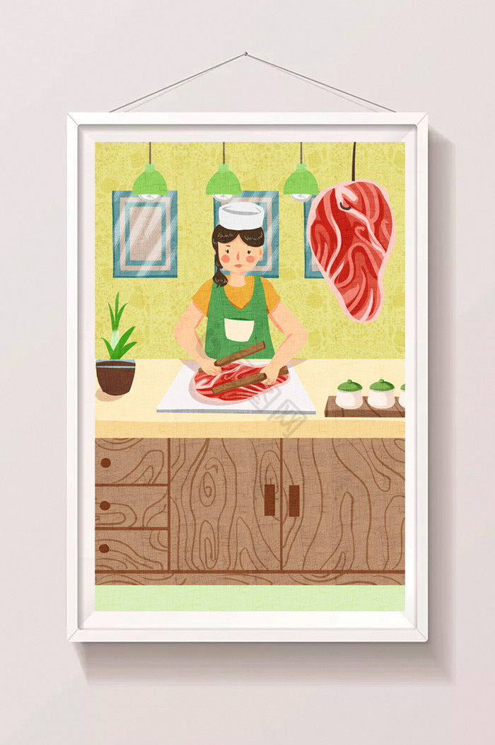 厨师捶打牛肉插画图片