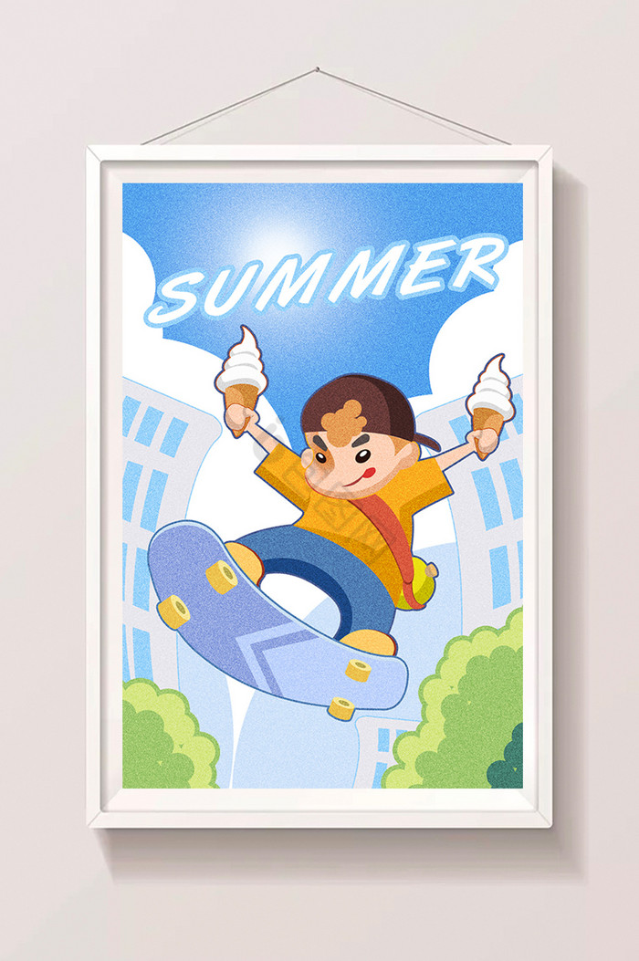 夏季滑板男孩手握冰激凌插画图片