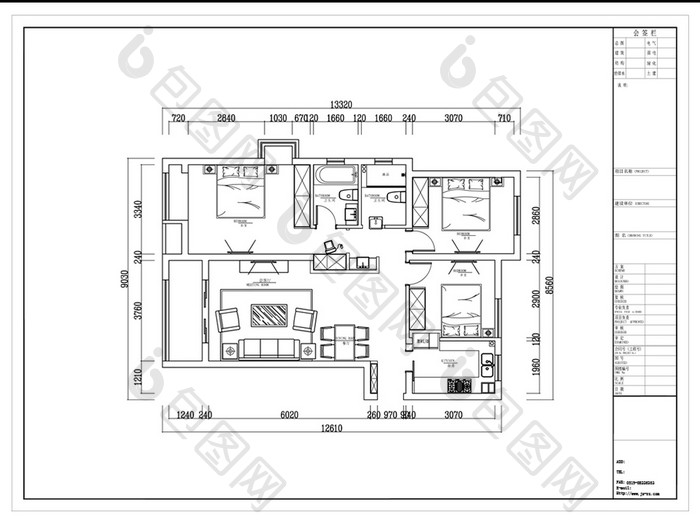 小三房户型CAD高层平面布置图