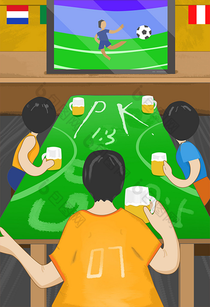 喝啤酒看世界杯看电视足球卡通插画