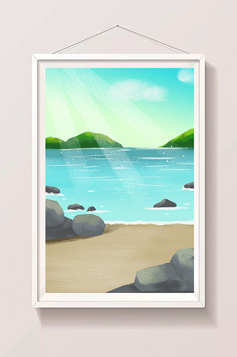 夏天海边沙滩上手绘插画背景图片
