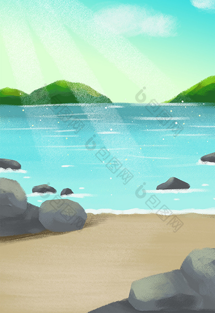 夏天海边沙滩上手绘插画背景