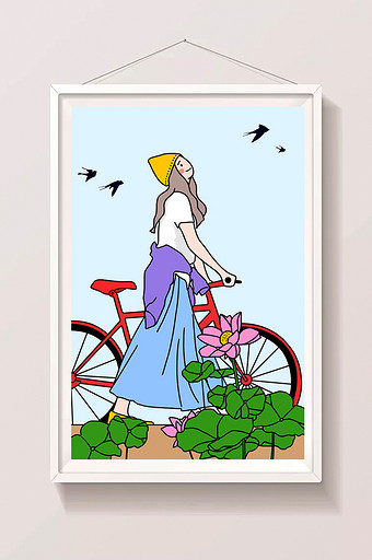 描边风夏季荷花单车女孩插画图片