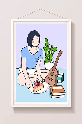描边风蛋糕吉他女孩插画图片