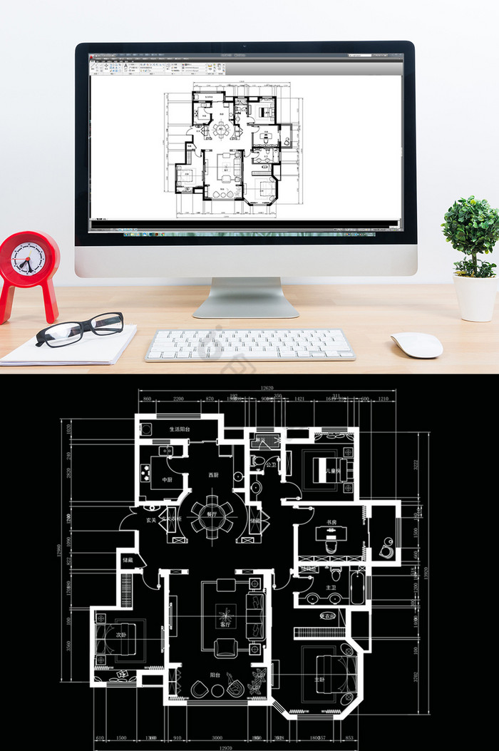 大平层户型四居室户型CAD平面方案图片