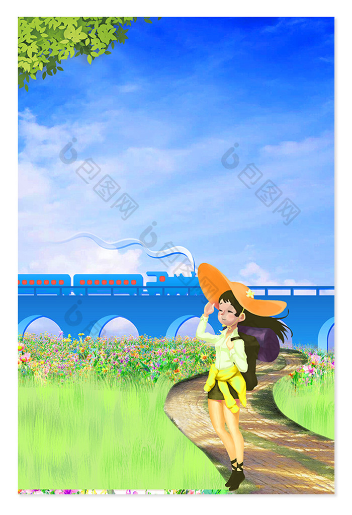 夏日野外旅行小女孩广告设计背景图