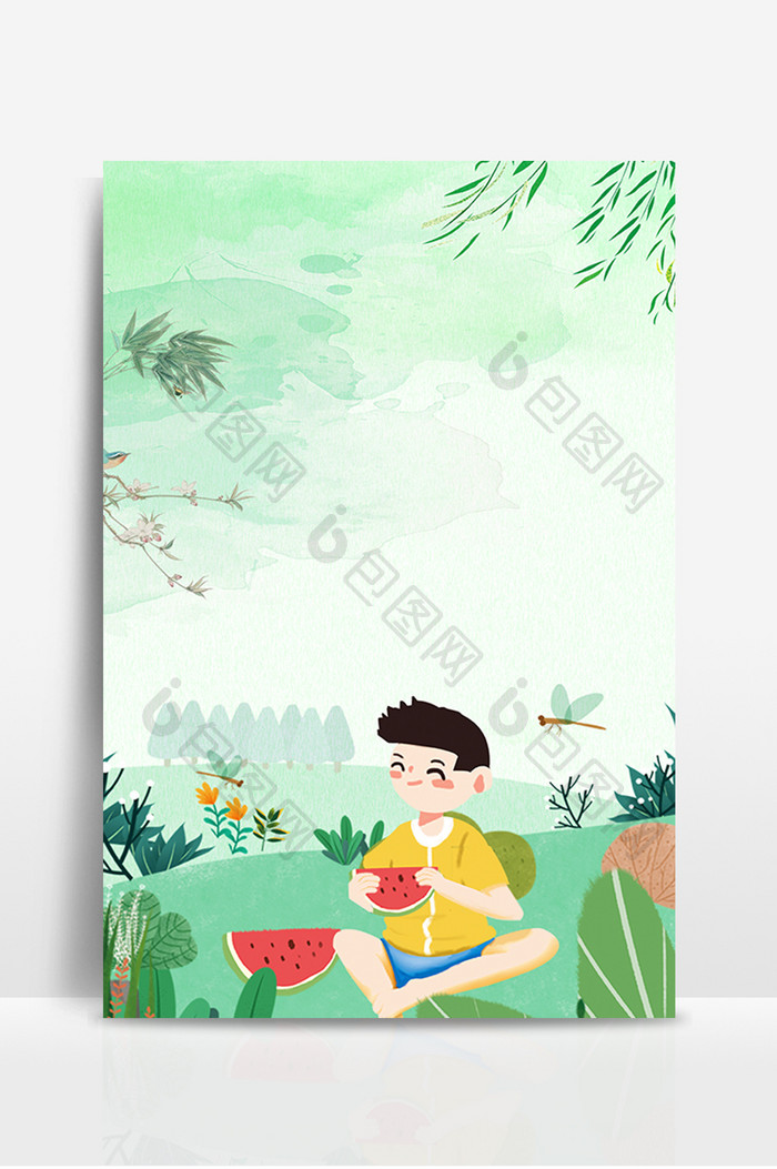 夏日吃西瓜的小孩广告设计背景图