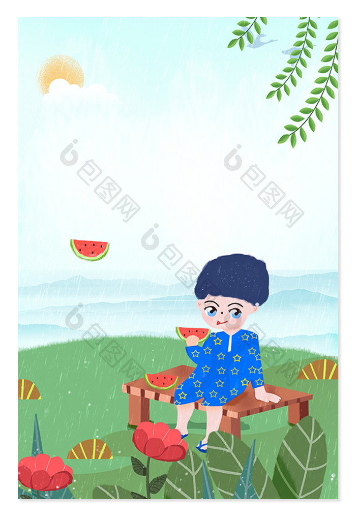 夏日吃西瓜的小男孩广告设计背景图 夏日