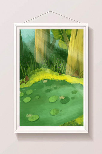 夏天森林里的荷塘手绘插画背景图片