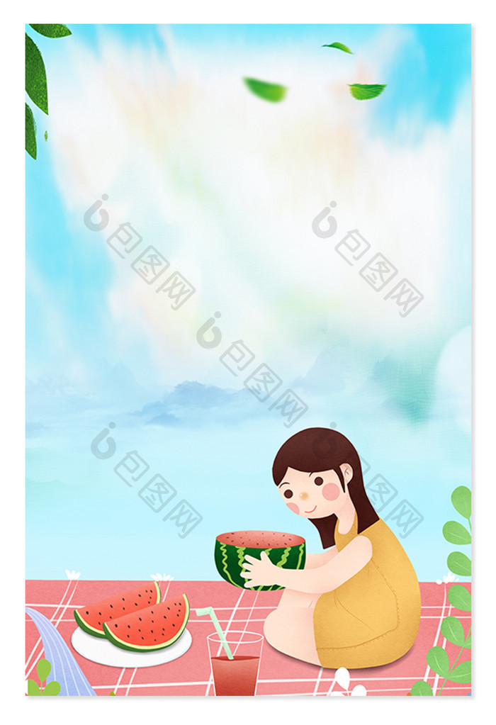 吃西瓜的小女孩广告设计背景图