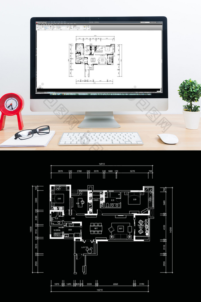 大平层户型三居室CAD定制方案设计
