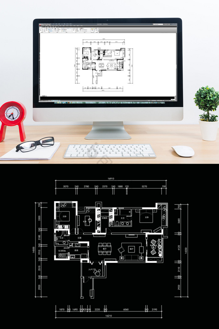 大平层户型三居室CAD定制方案设计图片