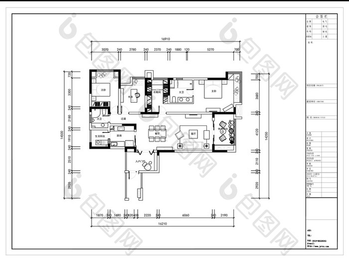 大平层户型三居室CAD定制方案设计