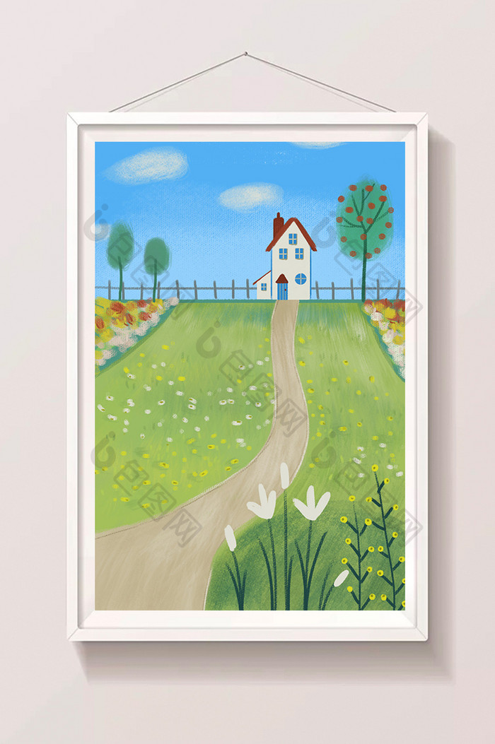 绿色系山林里的小房屋手绘插画背景