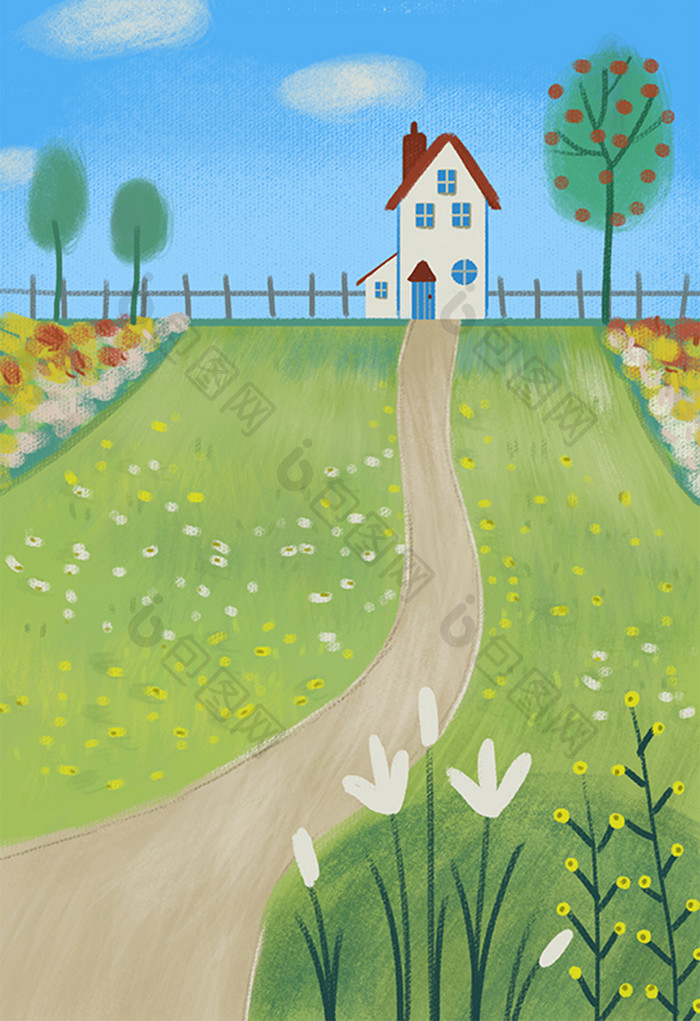 绿色系山林里的小房屋手绘插画背景