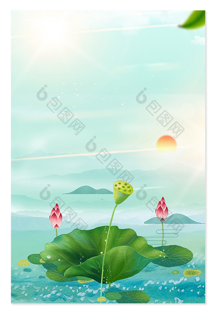 夏日雨水中荷塘广告设计背景图
