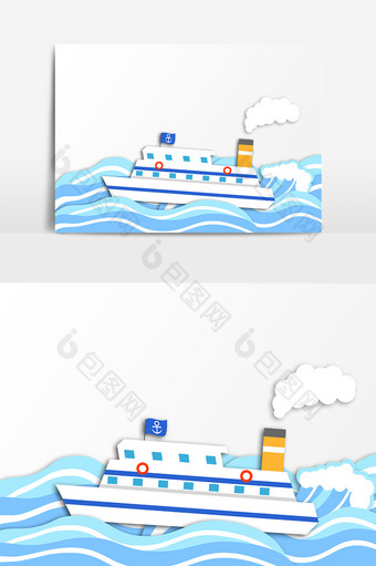 大海浪上的船扁平卡通分层矢量智能对象元素图片