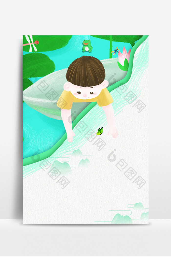 夏日荷塘戏水的小男孩广告设计背景图