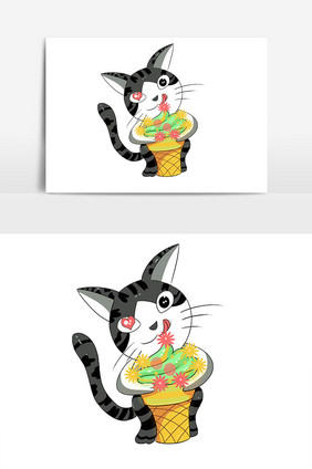 夏季可爱猫咪舔冰淇淋插画元素