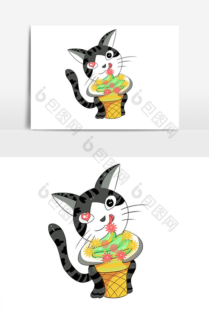 夏季可爱猫咪舔冰淇淋插画元素