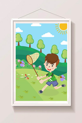 清新阳光户外可爱男孩玩耍暑假生活插画图片