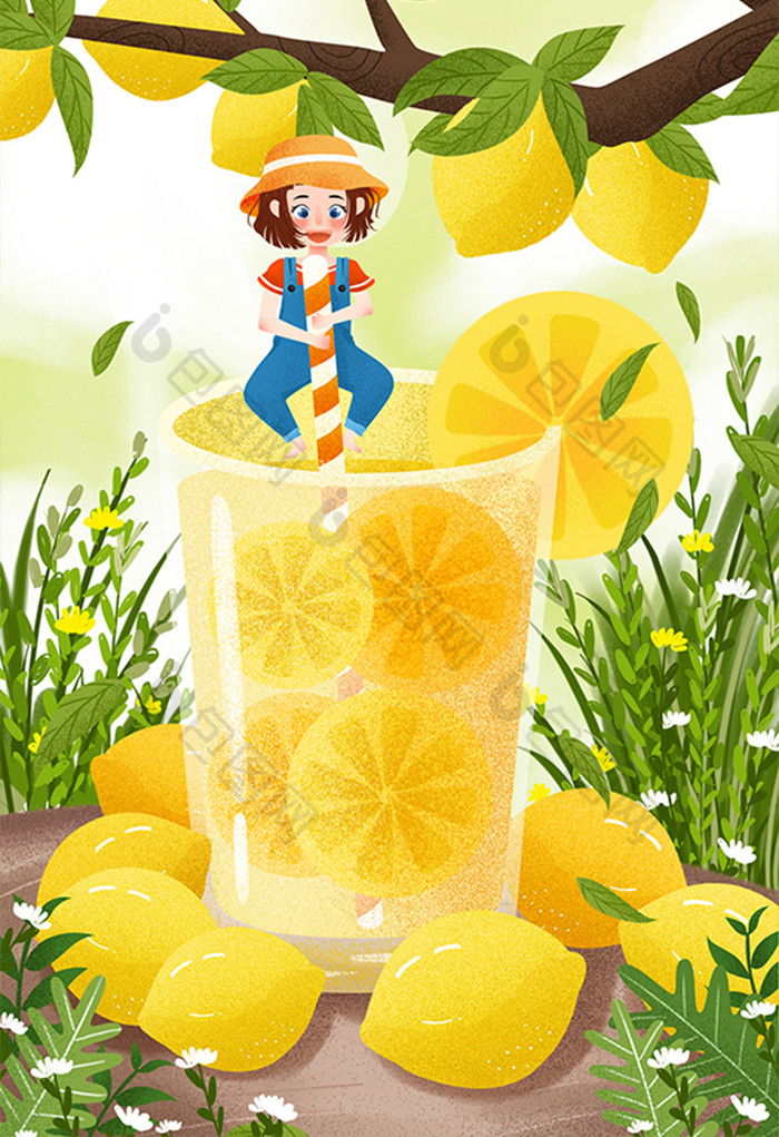 清新节气小暑插画夏季夏日柠檬柠檬水插画
