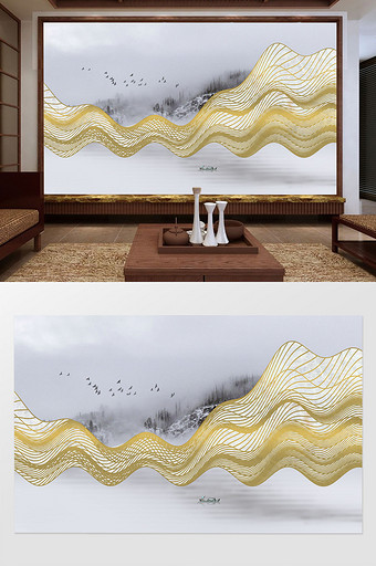 新中式抽象山水电视背景墙定制图片