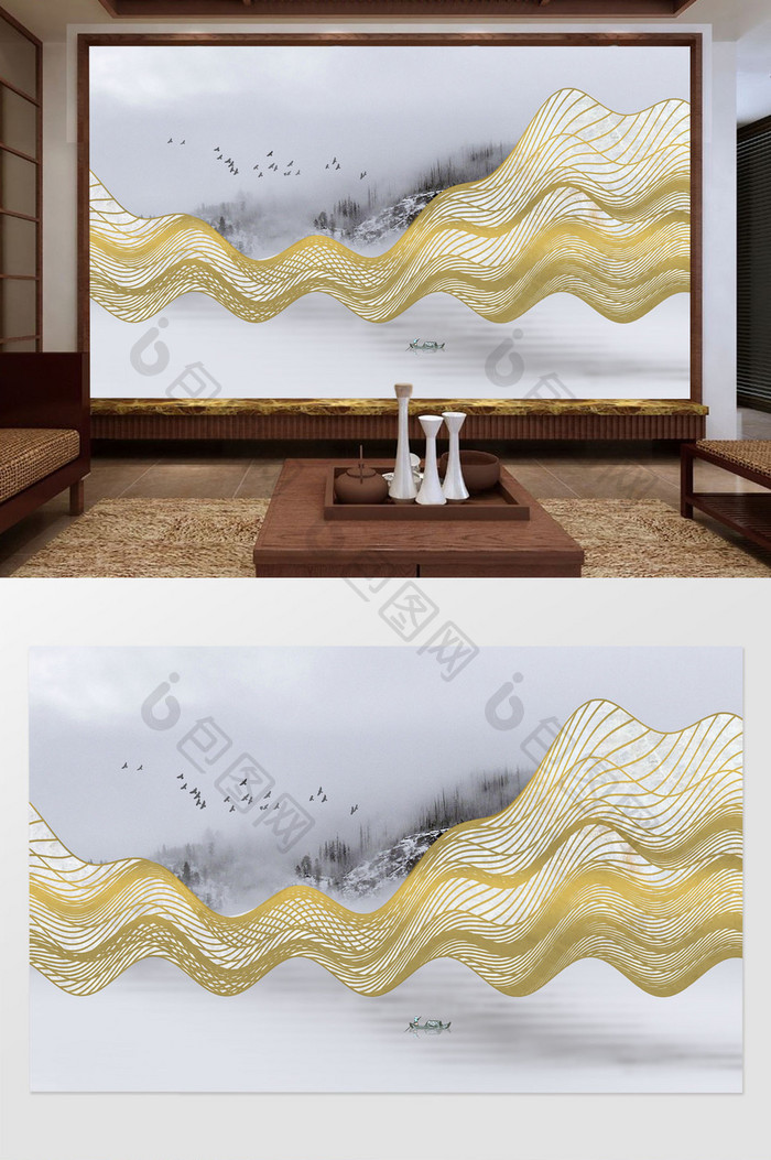 新中式抽象山水电视背景墙定制