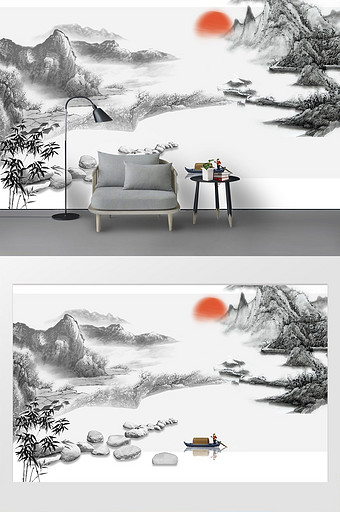 新中式水墨山峰瀑布山水画背景墙图片