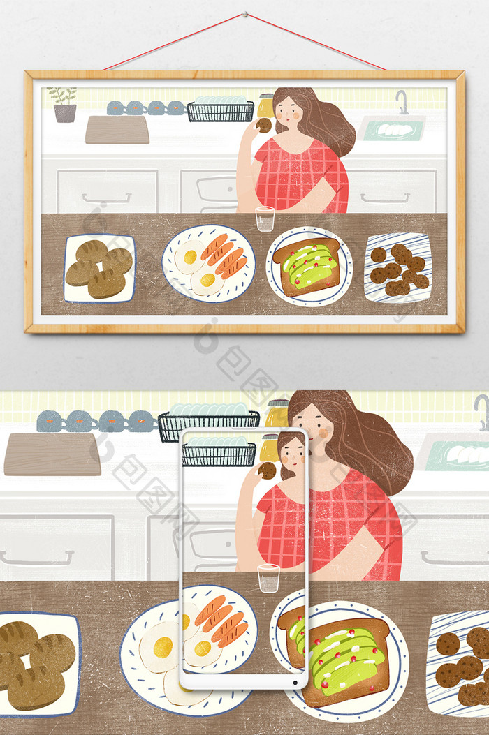 厨房早餐美食食物手绘卡通插画荷包蛋吐司