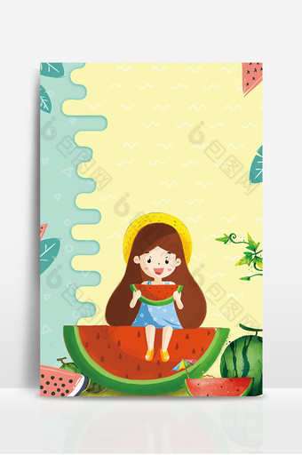 夏日吃西瓜的小女孩广告设计背景图图片