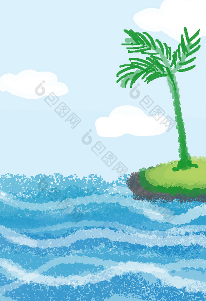 手绘小清新大海小岛椰子树背景