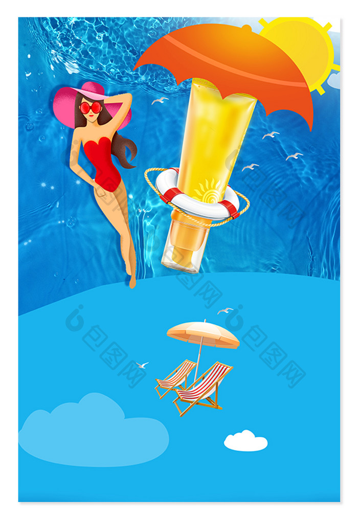 夏日旅游消暑的女性设计背景图