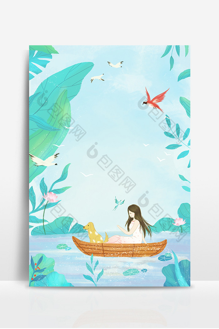 夏日小船戏水美女广告设计背景图