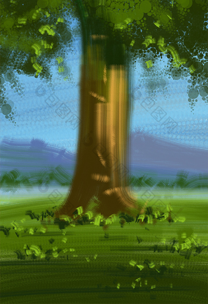 绿色夏日风景大树手绘插画背景大树素材