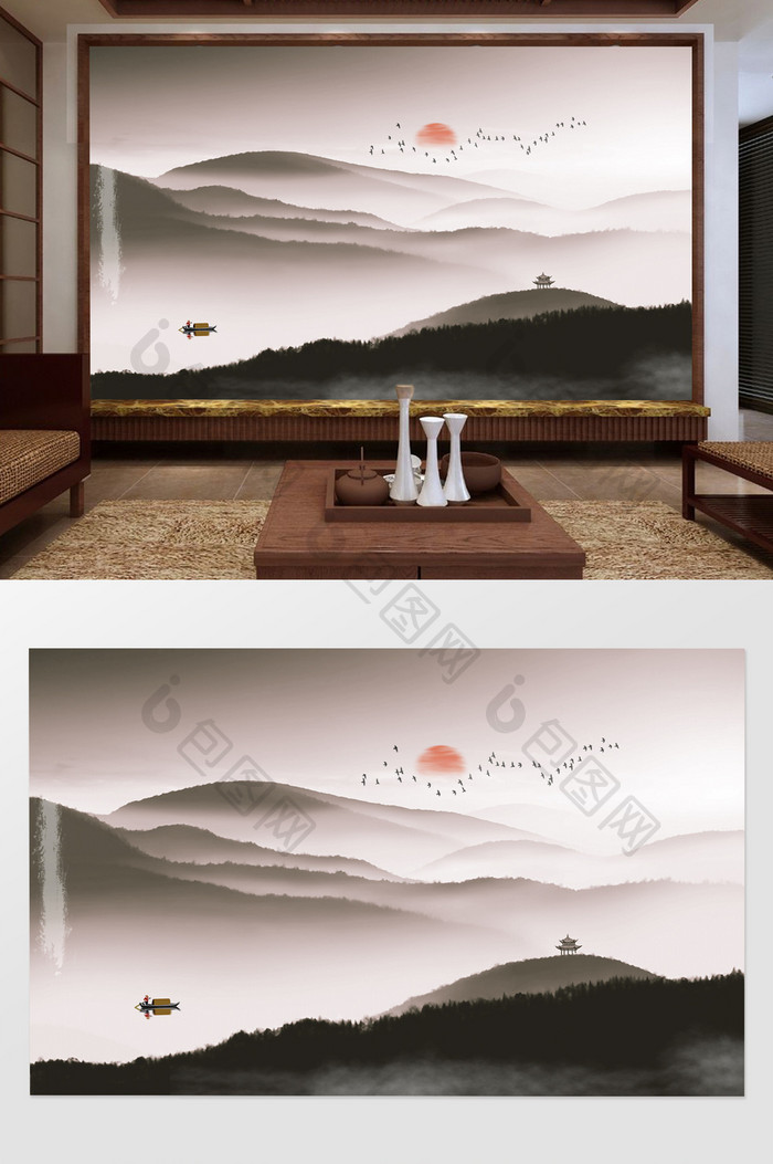 新中式水墨风山水画电视背景墙