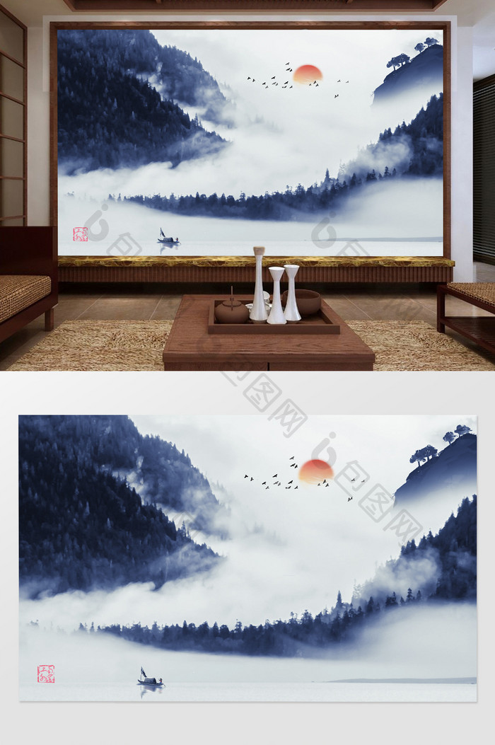 中式抽象水墨风山水国画电视背景墙定制