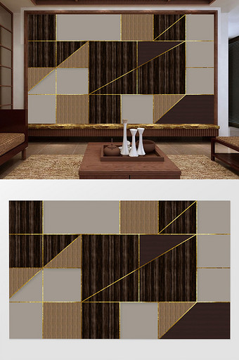新中式简约个性木板几何电视背景墙图片