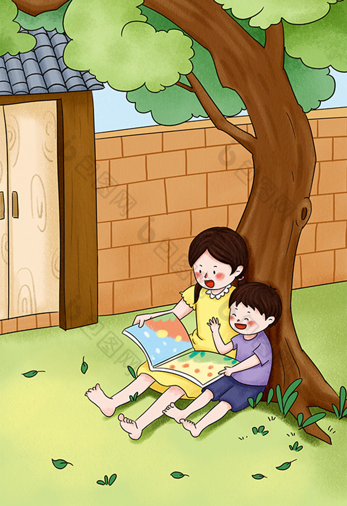 卡通漫画暑假姐弟院子看书阅读插画