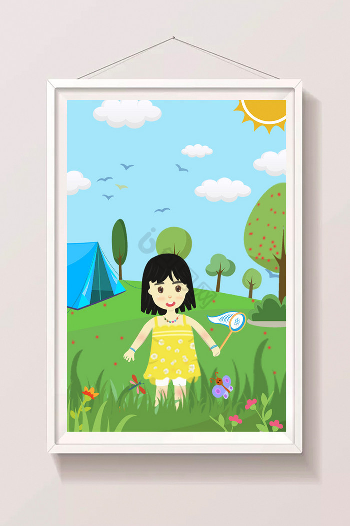 户外女孩夏令营抓蜻蜓暑假生活插画图片