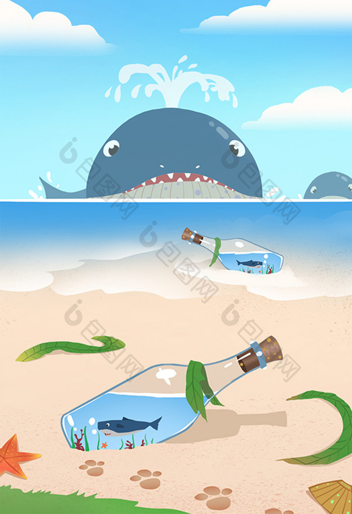 温馨蓝色海洋沙滩许愿瓶里的鲸鱼插画