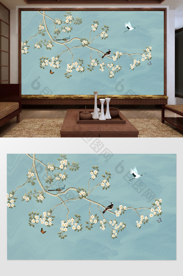 新中式手绘花鸟波纹背景电视机背景墙图片图片
