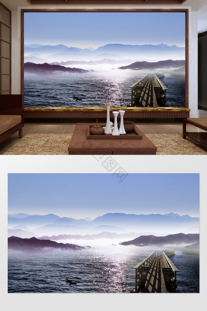 新中式湖水山峦木桥背景墙图片