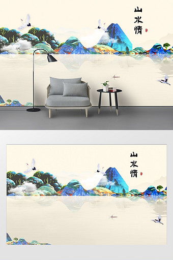 新中式山水情水墨山水电视背景墙图片