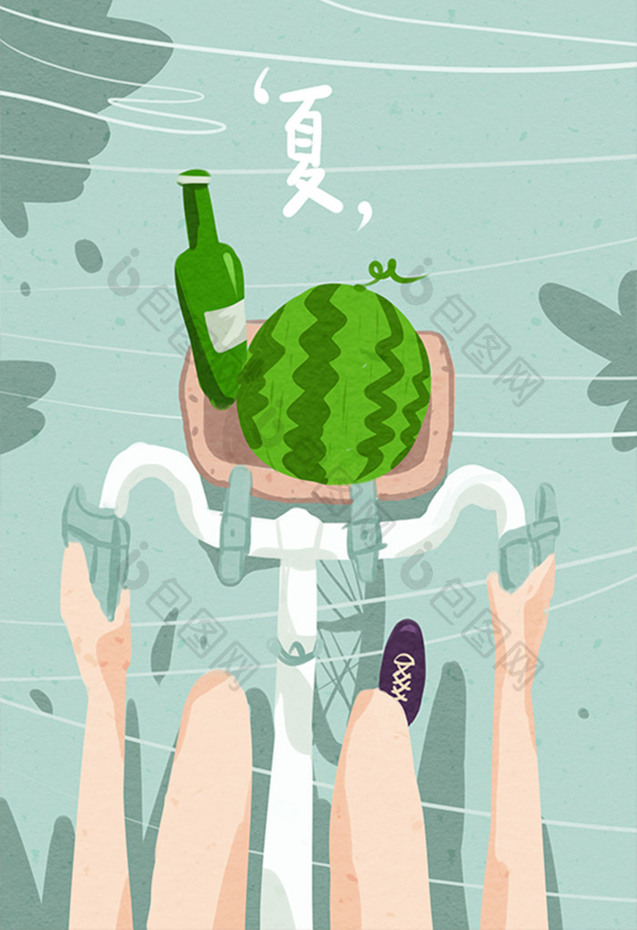 夏季小清新骑自行车回家插画
